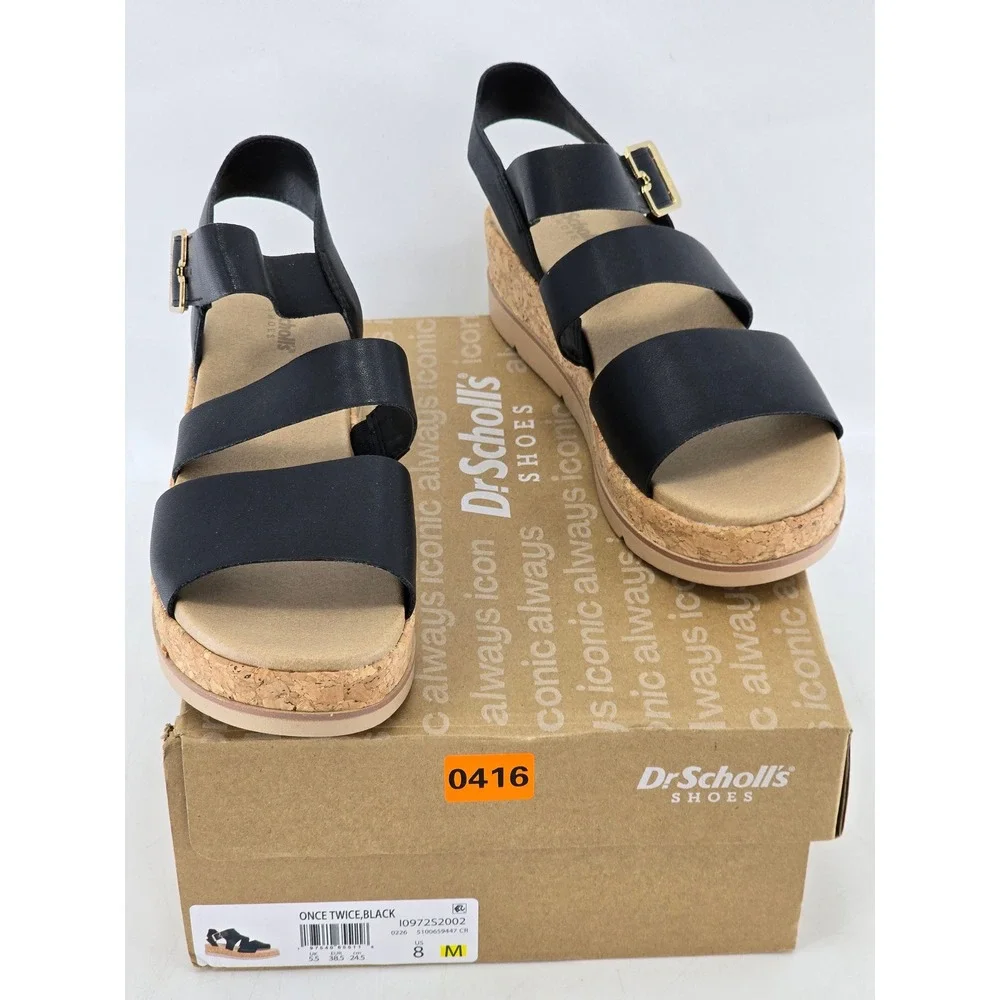 Dr. Scholl's Once Twice Sandals Womens 8 Black Strappy Cork Wedge -Excellent